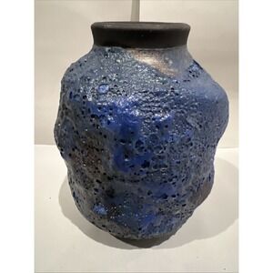 VTG Handmade Raku Pottery‎ Vase Blue & Black Lava Texture Metallic Luster | 2001